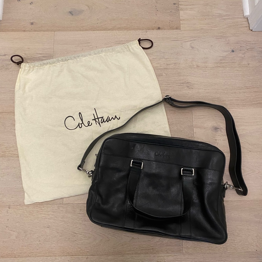 Cole Haan Unisex Black Leather Bag / Messenger / Laptop / Briefcase Silver
